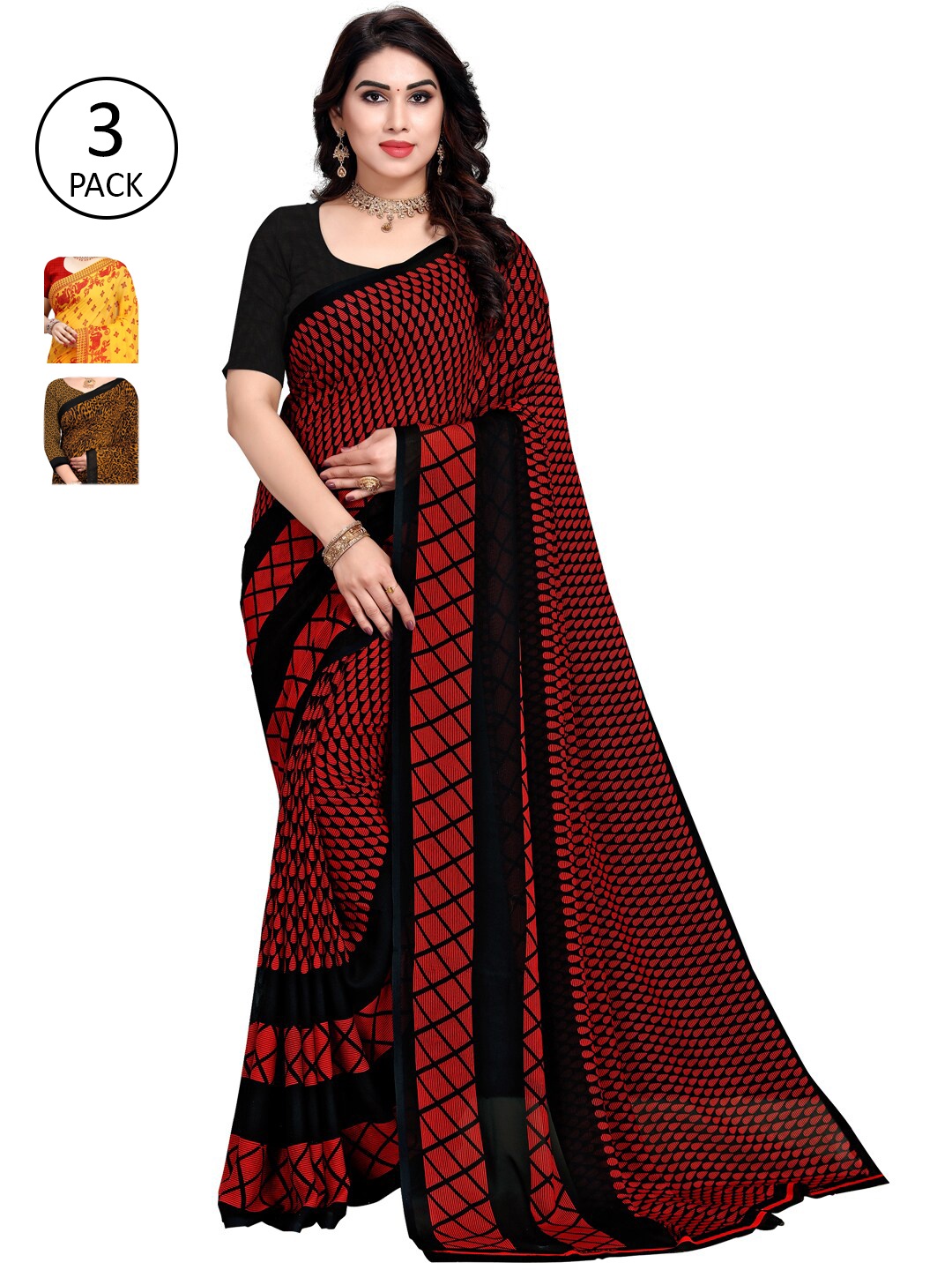 ANAND SAREES Pack of 3 Poly Georgette Saree, Yellow