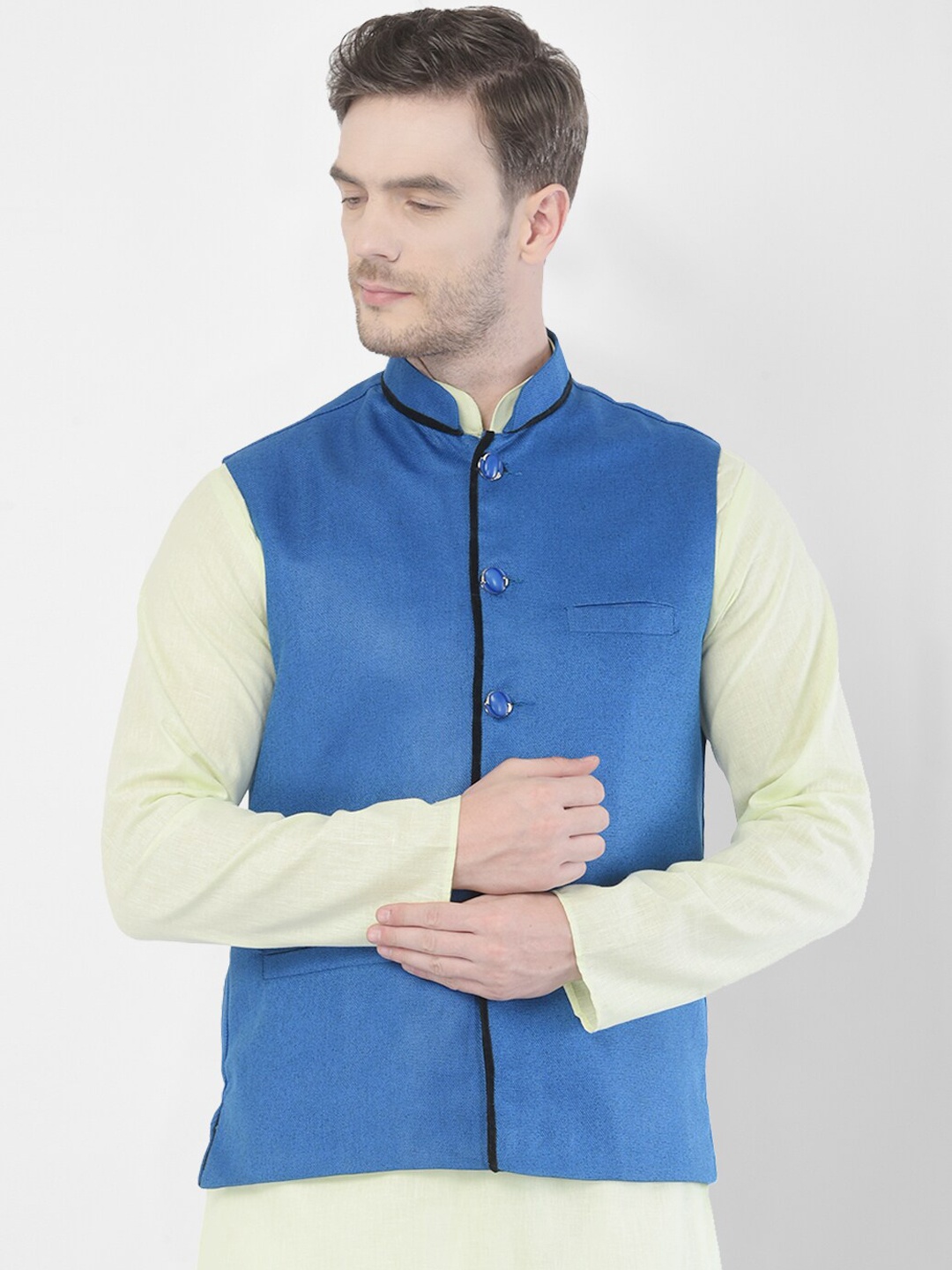 SG LEMAN Men Blue Solid Satin Nehru Jacket