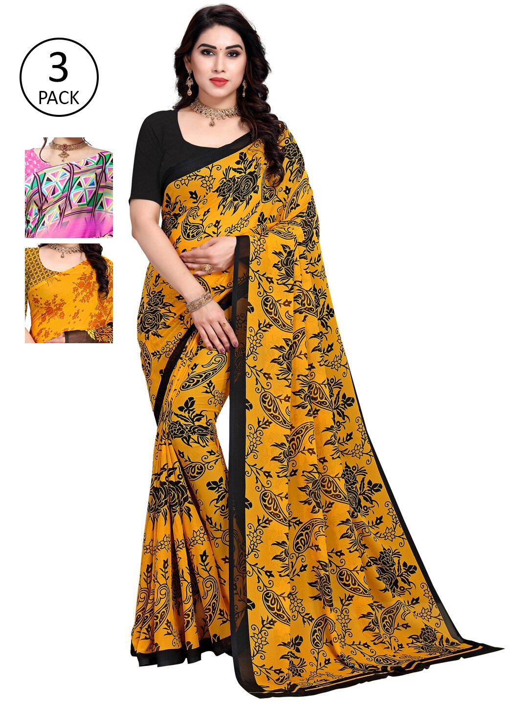KALINI Pack Of 3 Poly Georgette Printed Sarees, Yellow