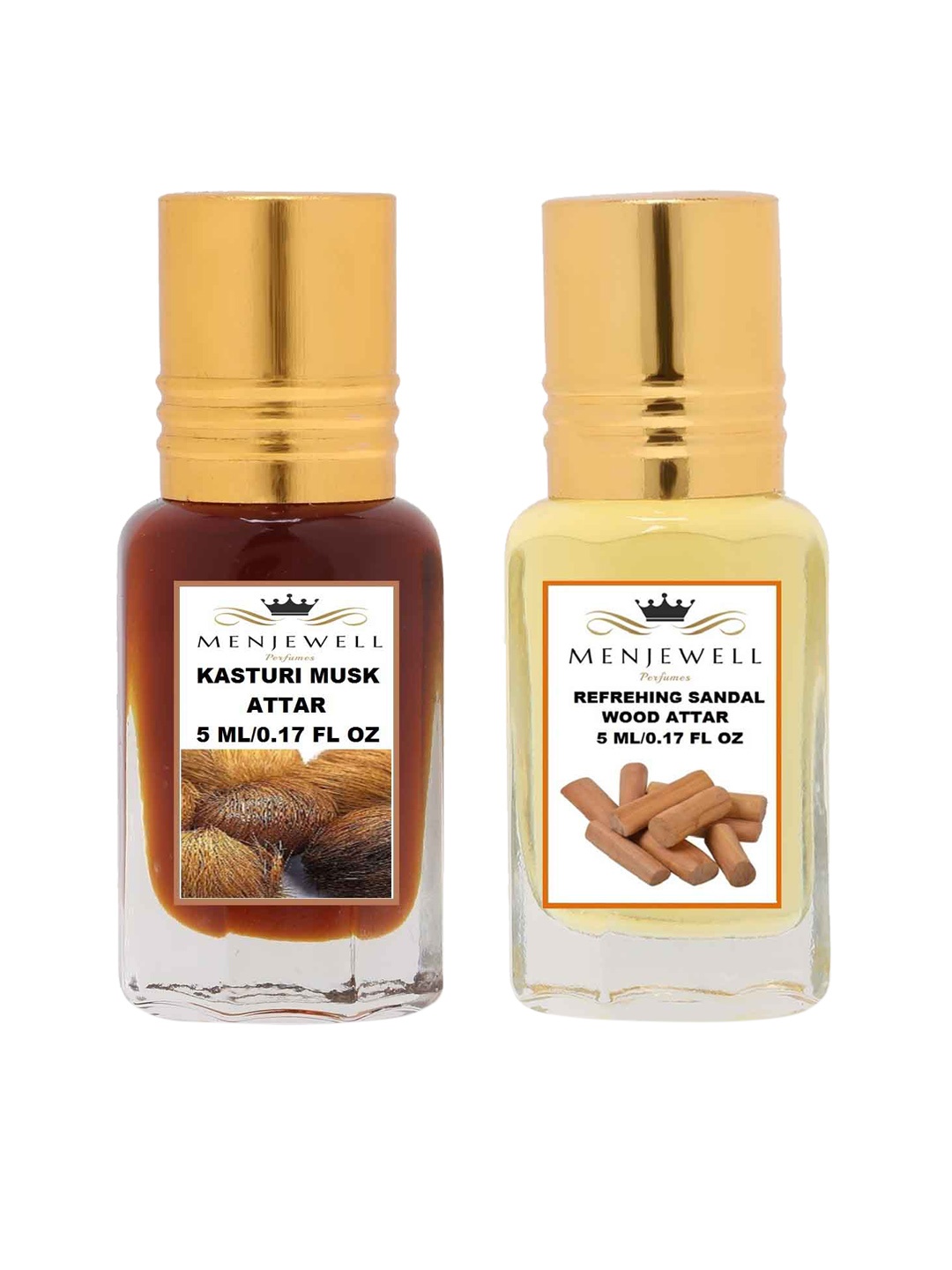 Menjewell Pack Of 2 Unisex Kasturi Musk & Refreshing Sandalwood Attar 5ml each, Transparent
Menjewell Pack Of 2 Unisex Kasturi Musk & Refreshing Sandalwood Attar 5ml each, Transparent