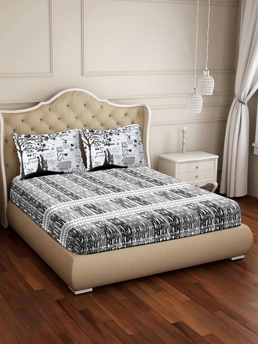 BELLA CASA Grey & White Geometric 250 TC King Bedsheet with 2 Pillow Covers