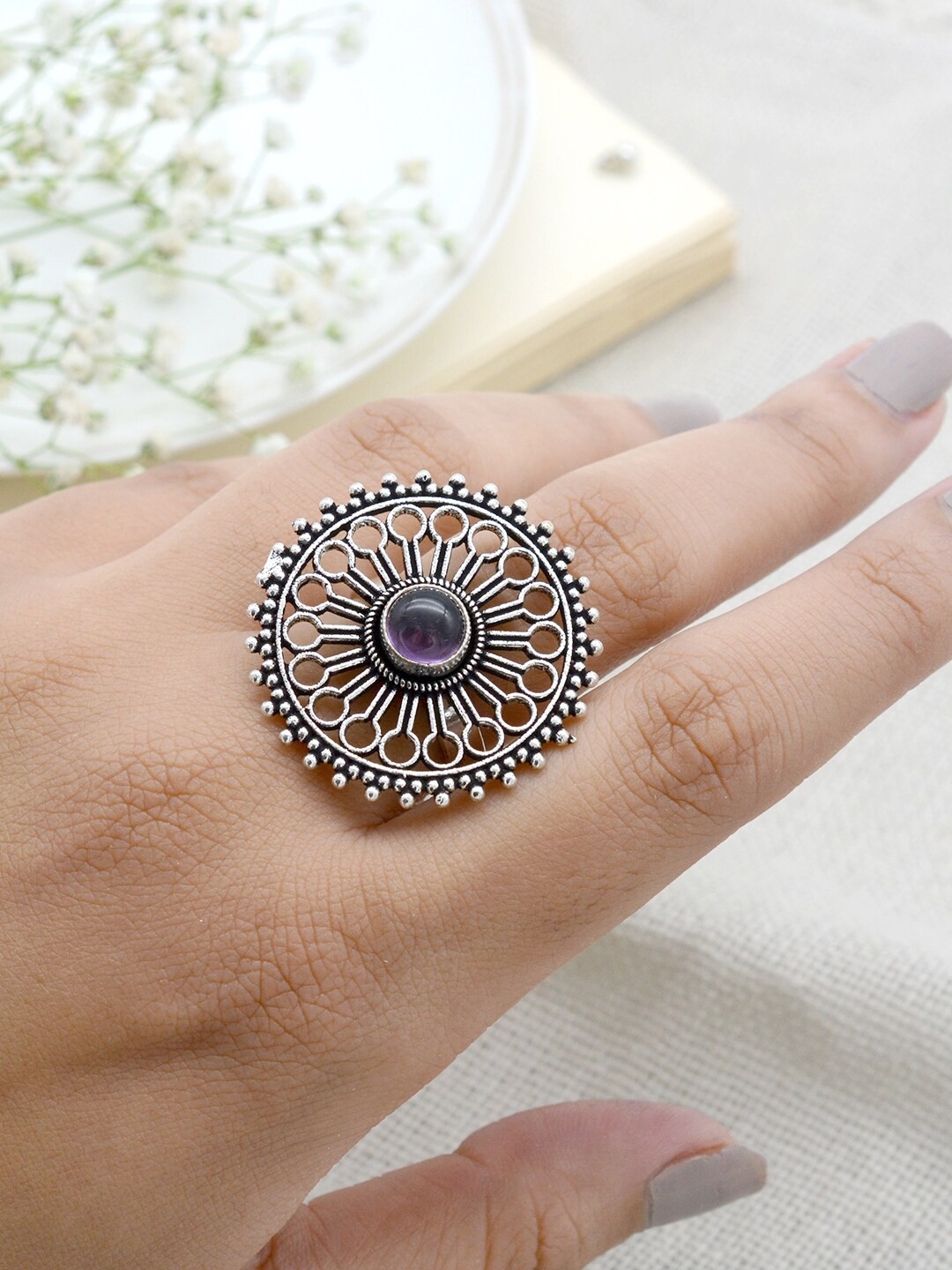 TEEJH Oxidised Silver-Toned & Purple Stone-Studded Adjustable Floral Filigree Finger Ring