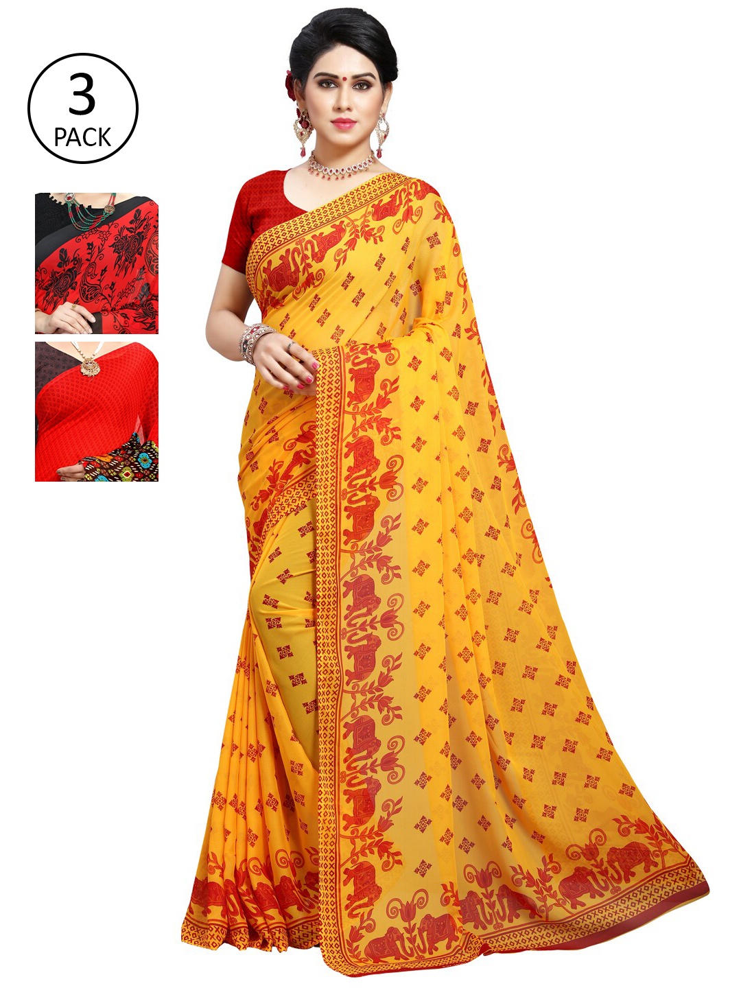 KALINI Pack Of 3 Ethnic Motifs Sarees, Red