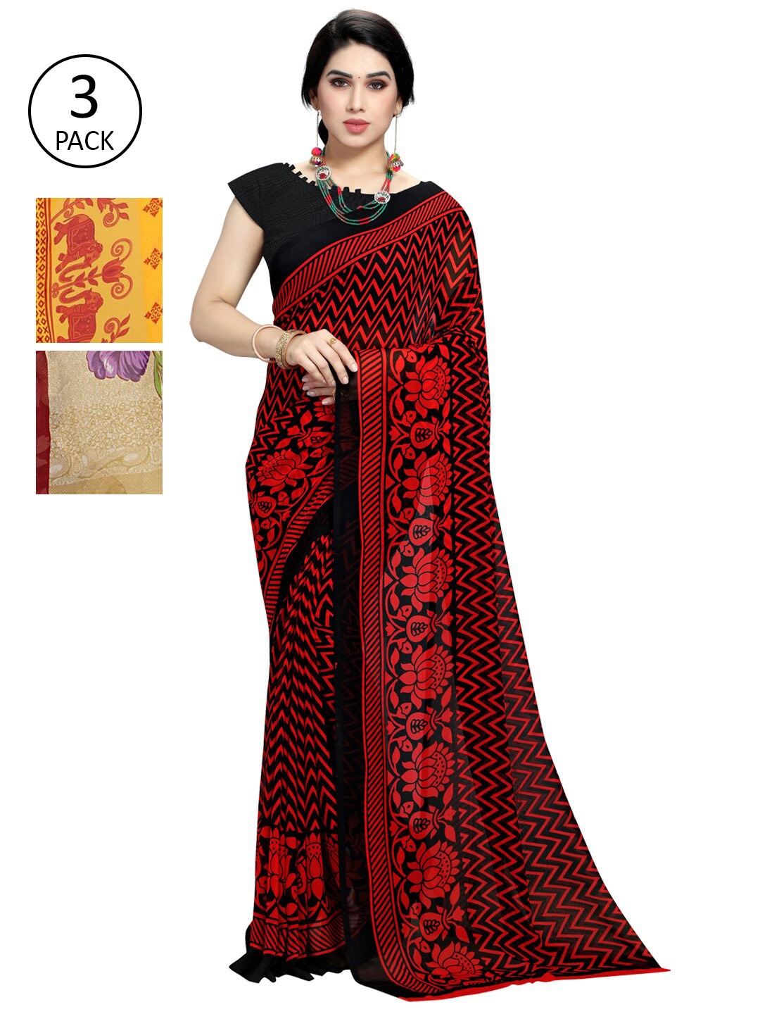 KALINI Pack Of 3 Printed Sarees, Yellow