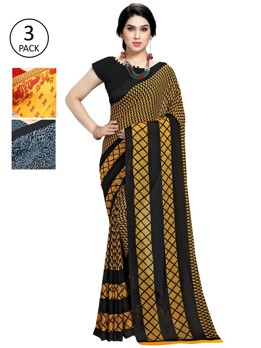 KALINI Pack Of 3 Abstract Printed Sarees, Yellow