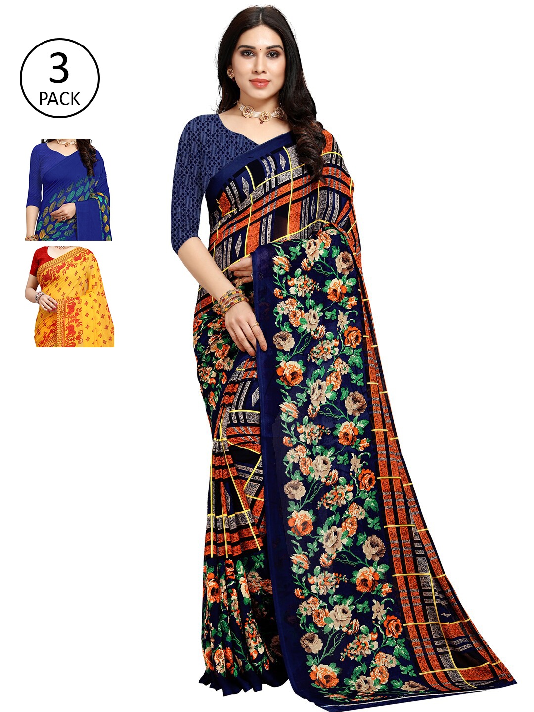 KALINI Yellow & Blue Pack of 33 Ethnic Motifs Saree