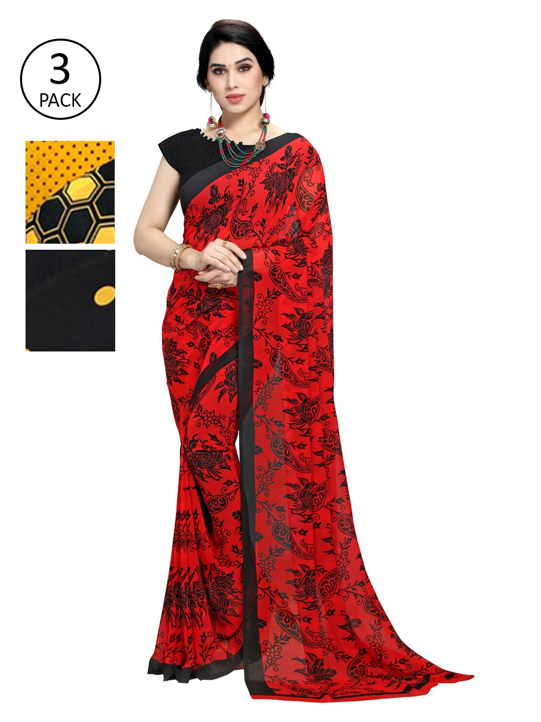 KALINI Women Pack Of 3 Multi Printed Sarees, Red