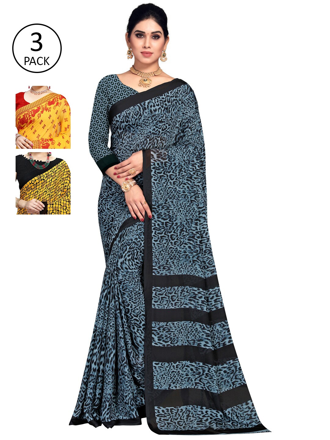 KALINI Pack Of 3 Poly Georgette Printed Sarees, Yellow