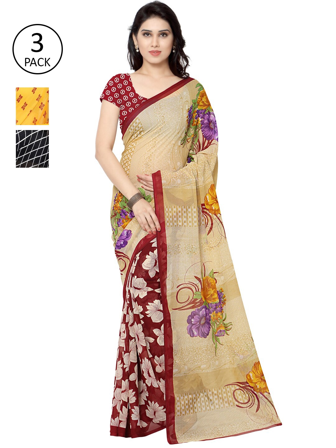 KALINI Pack Of 3 Multi Printed Sarees, Yellow