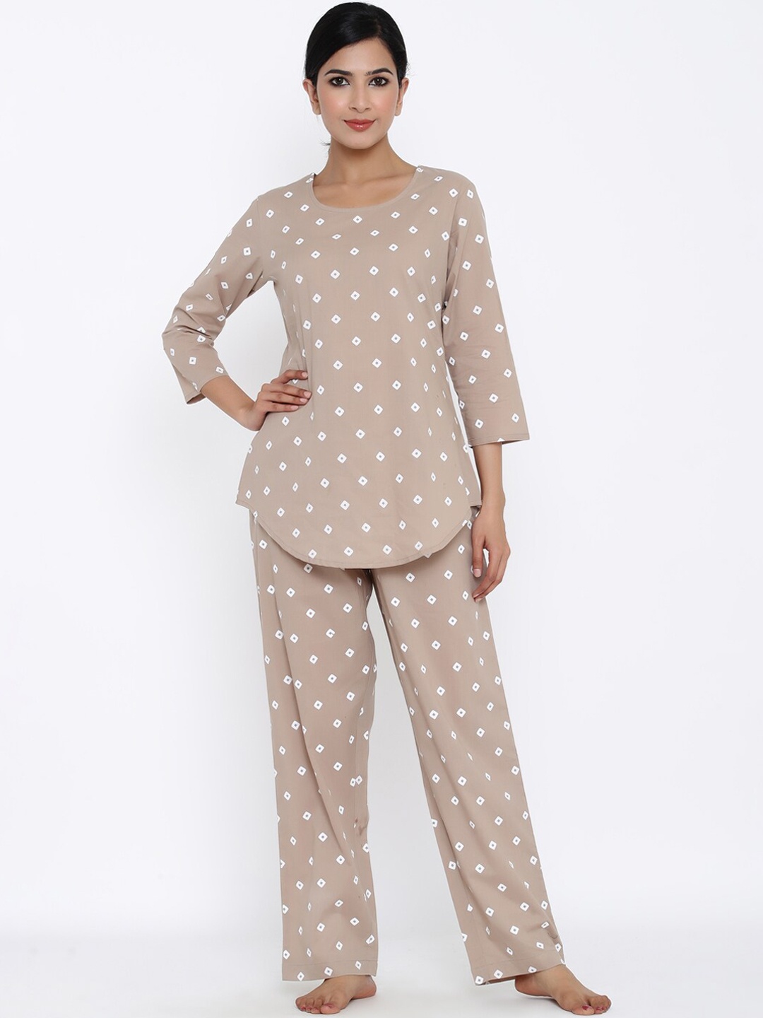 kipek Women Taupe & White Printed Cotton Night Suit