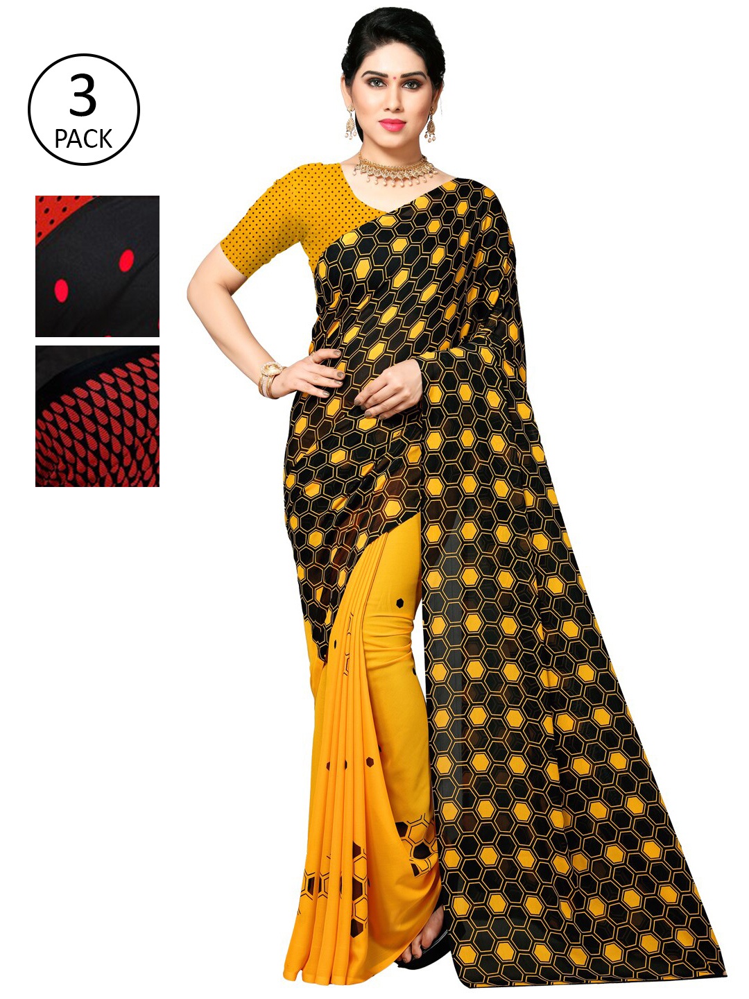 KALINI Pack Of 3 Yellow & Black Saree