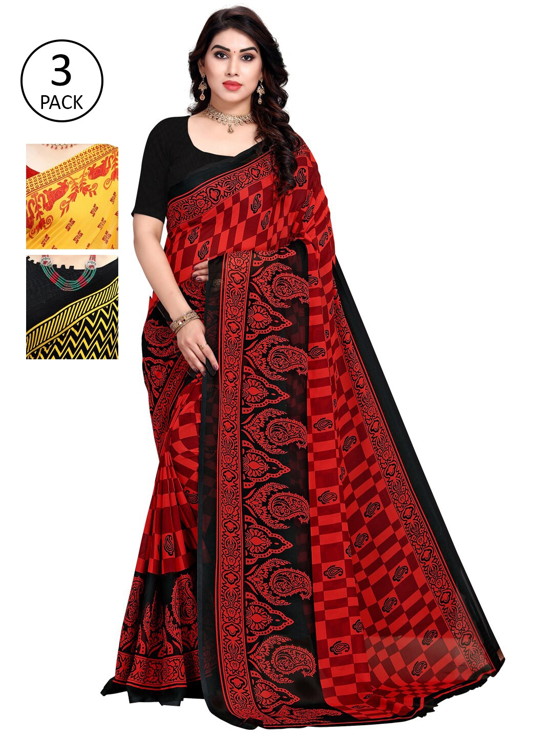 KALINI Pack of 3 Printed Poly Georgette Saree, Multi