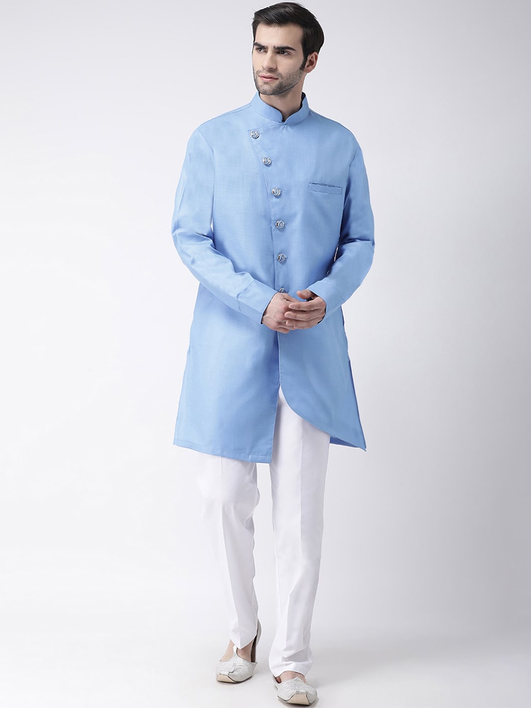 SG LEMAN Men Turquoise Blue Angrakha Kurta with Trouser