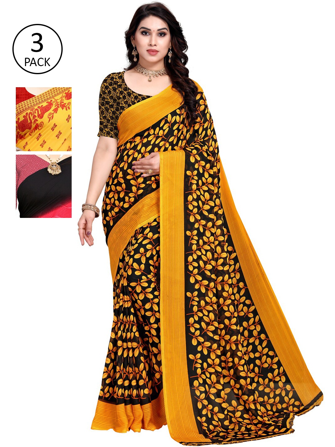 KALINI Women Pack of 3 Poly Georgette Sarees, Red