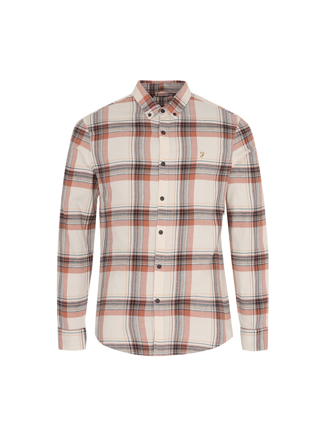 Farah Men Cream-Coloured & Orange Checked Casual Shirt