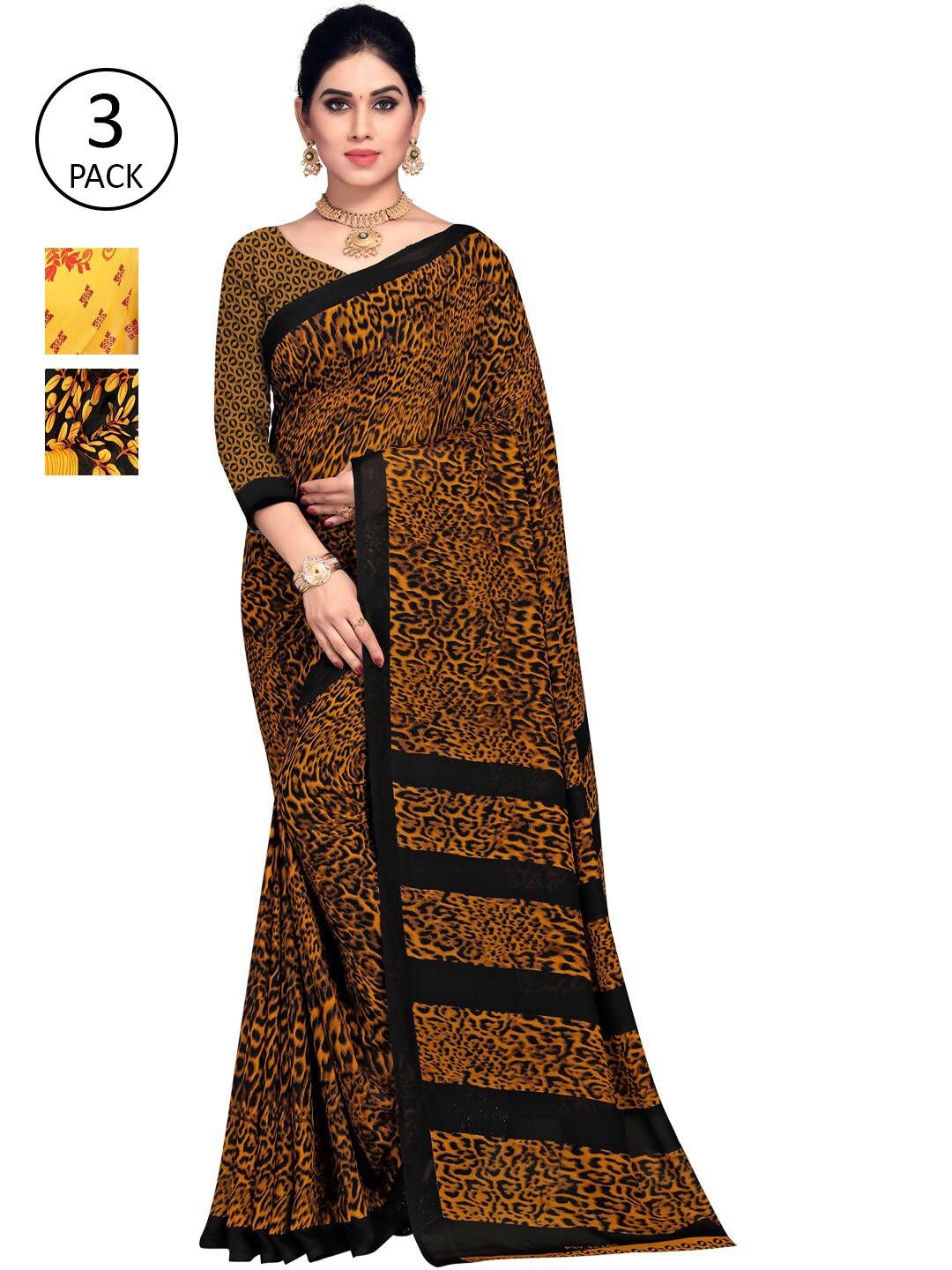 KALINI Women Pack Of 3 Multi Printed Sarees, Yellow