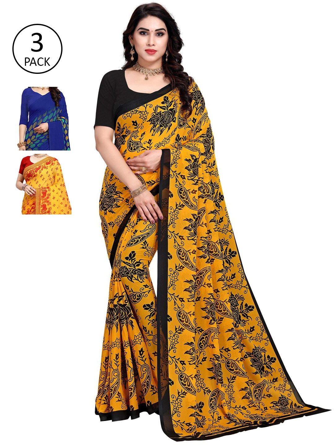 KALINI Pack Of 3 Yellow & Red Floral Saree