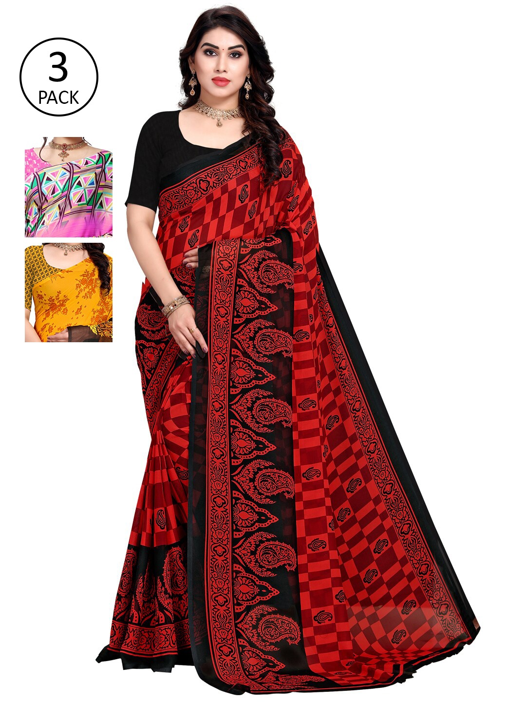 KALINI Pack Of 3 Red & Pink Saree