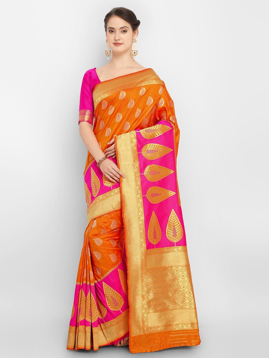 Saree mall Orange & Pink Ethnic Motifs Silk Blend Sarees