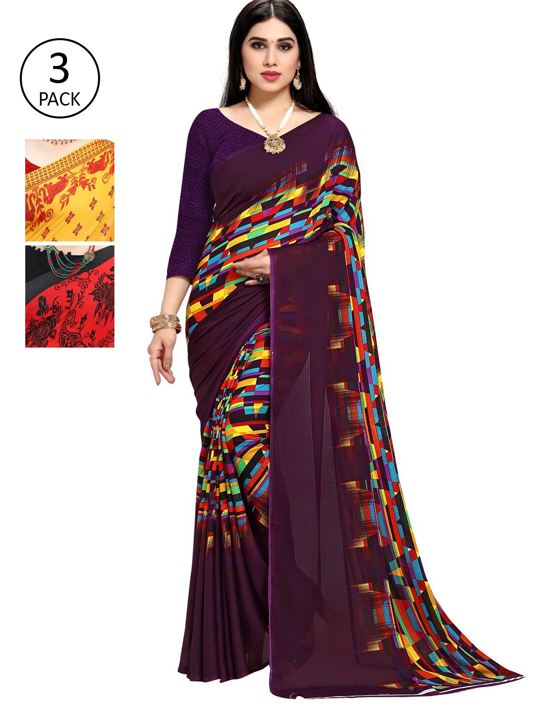KALINI Pack Of 3 Floral Sarees, Yellow