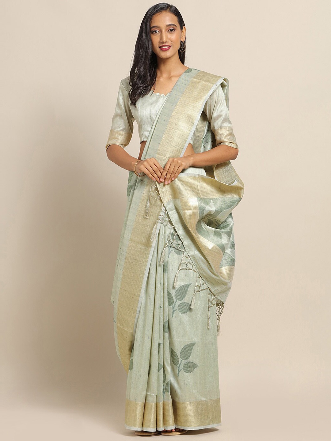 Saree mall Olive & Gold-Toned Floral Handloom Silk Blend Sarees