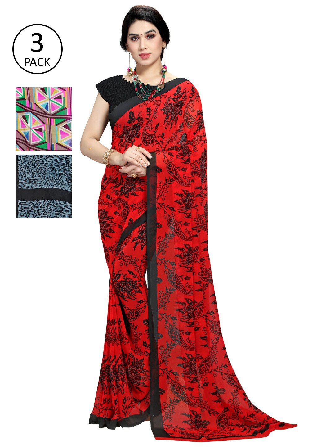 KALINI Pack Of 3 Pink & Red Saree
