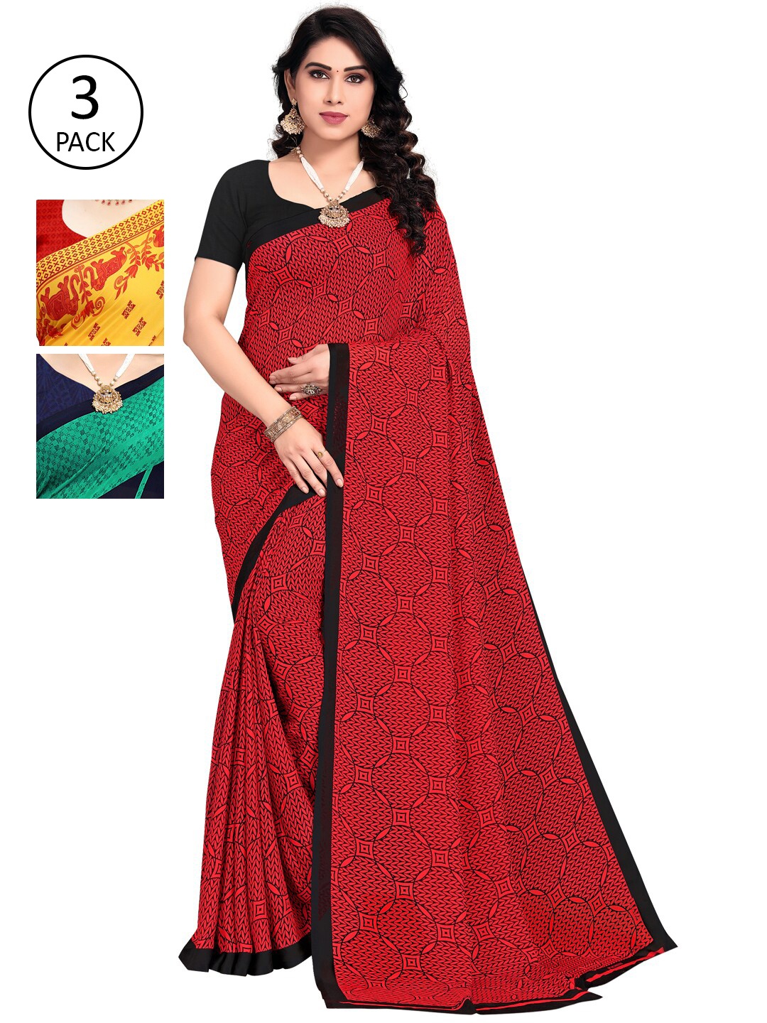KALINI Red & Green Pack of 3 Saree