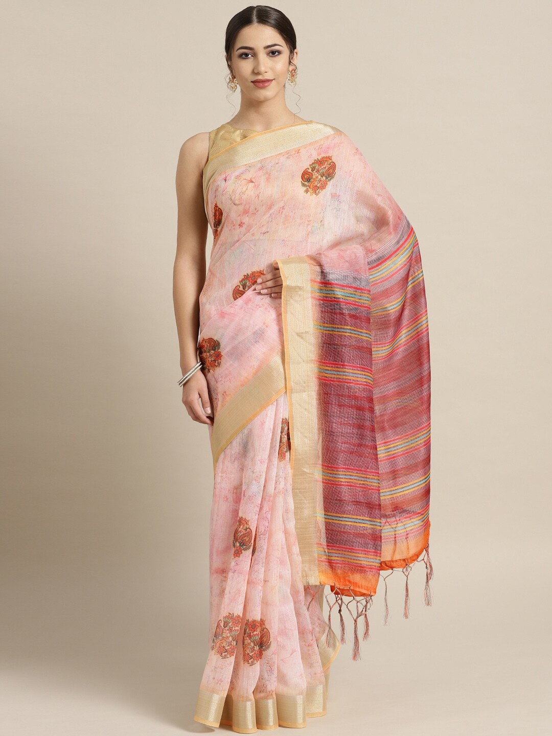 Saree mall Pink & Brown Floral Linen Blend Sarees