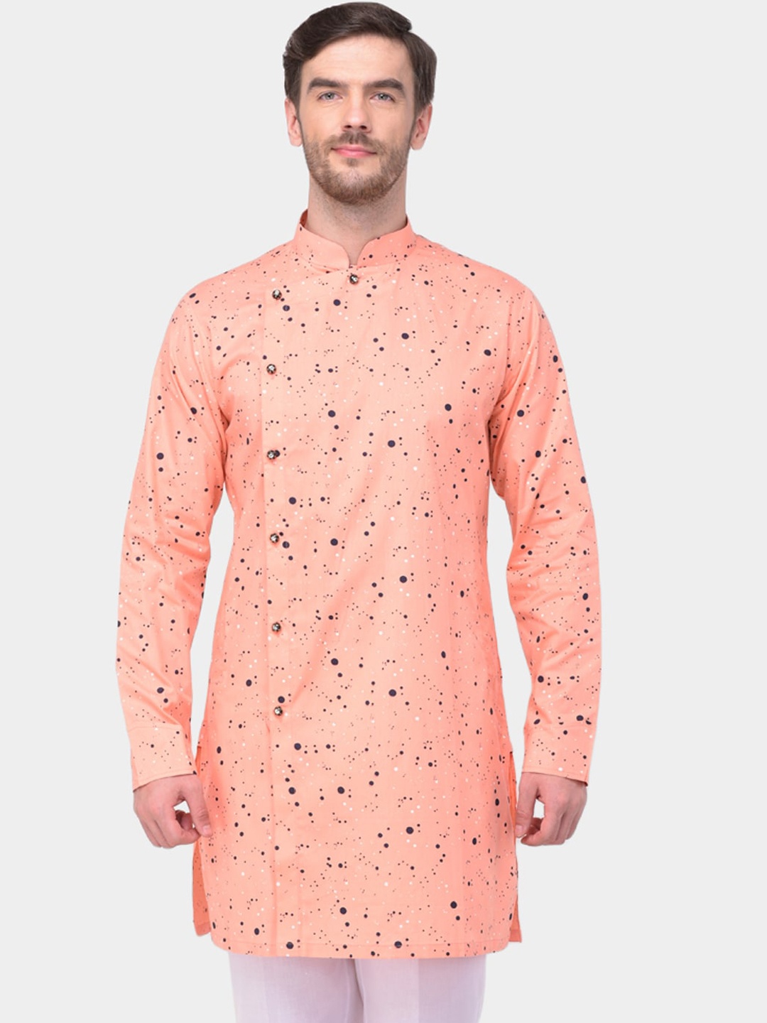 SG LEMAN Men Peach Printed Cotton Kurta