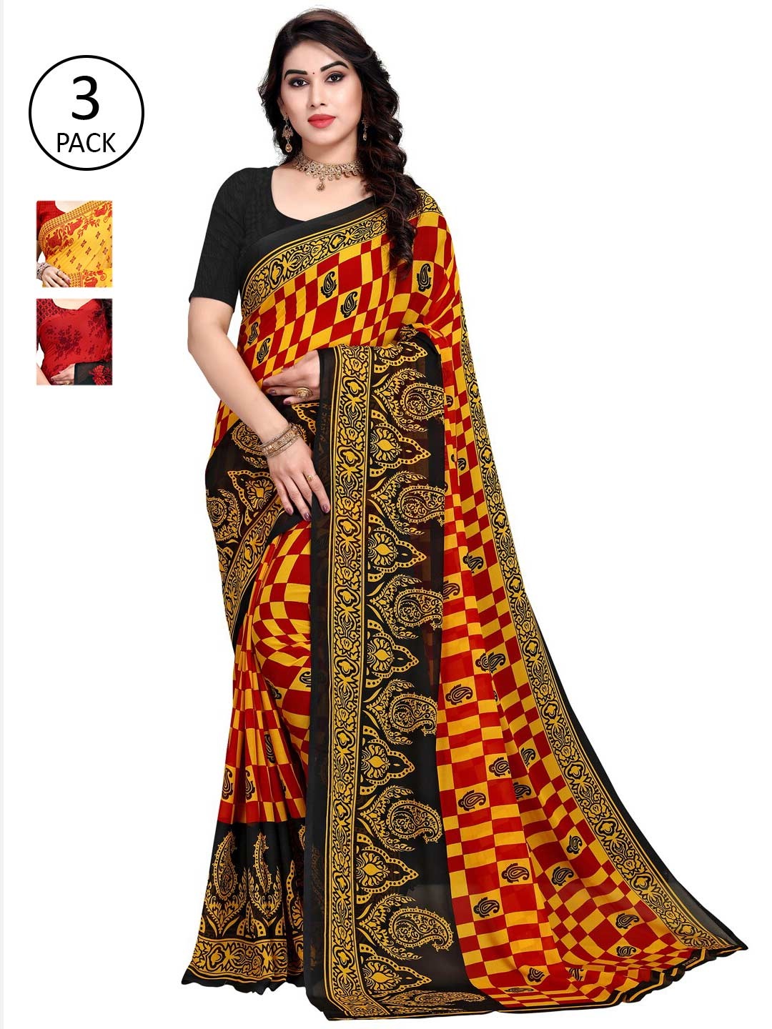 KALINI Pack Of 3 Multi Printed Sarees, Yellow