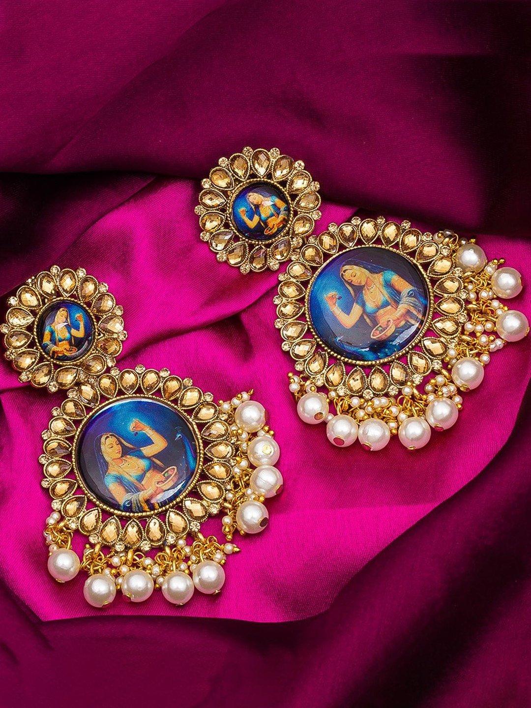 aadita Gold-Toned & White Contemporary Photo Design Chandbalis Drop Earrings