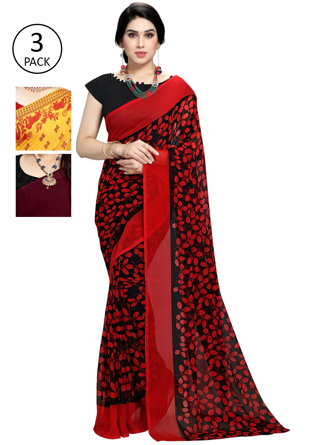 KALINI Pack of 3 Printed Poly Georgtte Saree, Multi