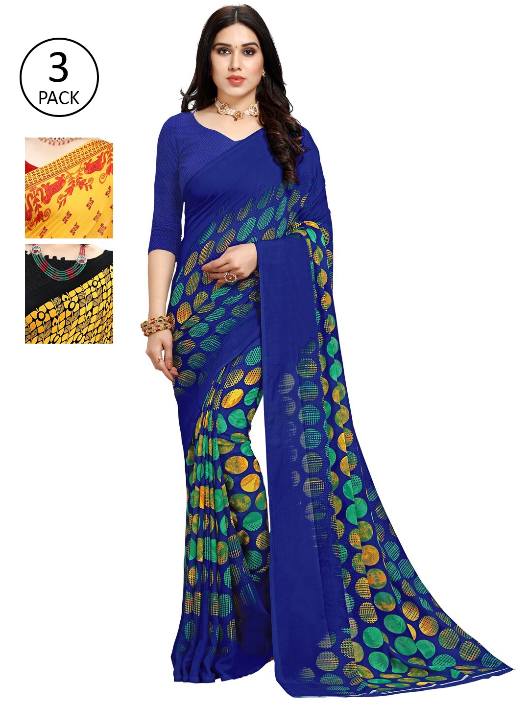 KALINI Pack Of 3 Yellow & Black Ethnic Motifs Saree