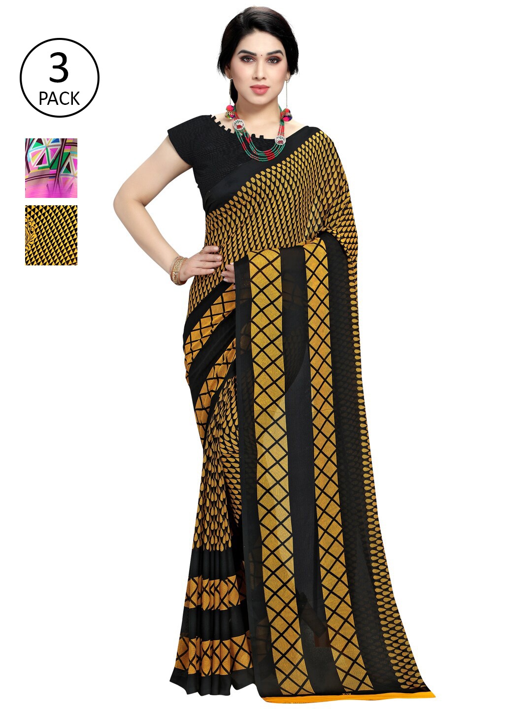 KALINI Women Pack of 3 Poly Georgette Sarees, Yellow