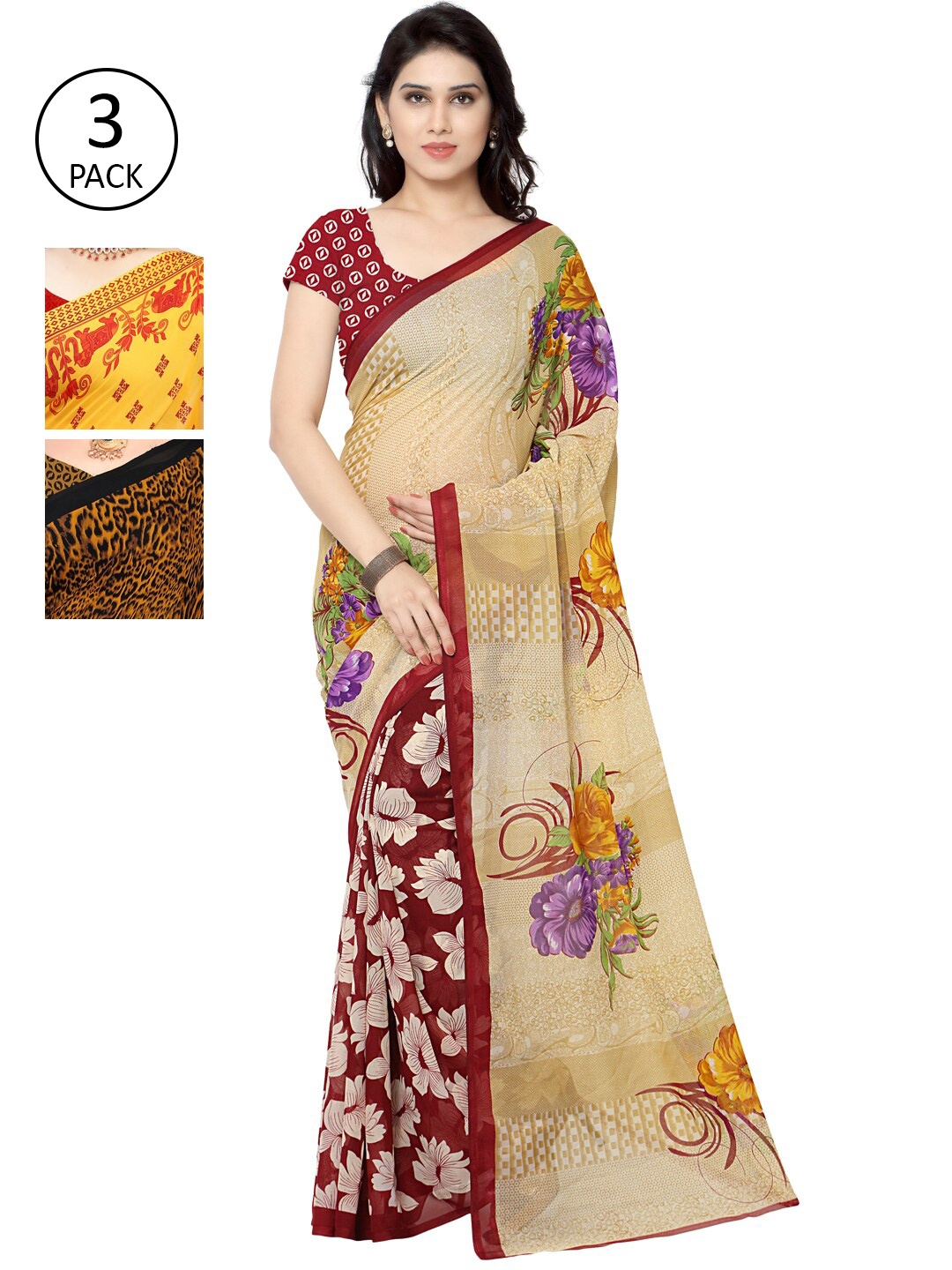 KALINI Pack of 3 Multicoloured Ethnic Motifs Printed Saree, Multi