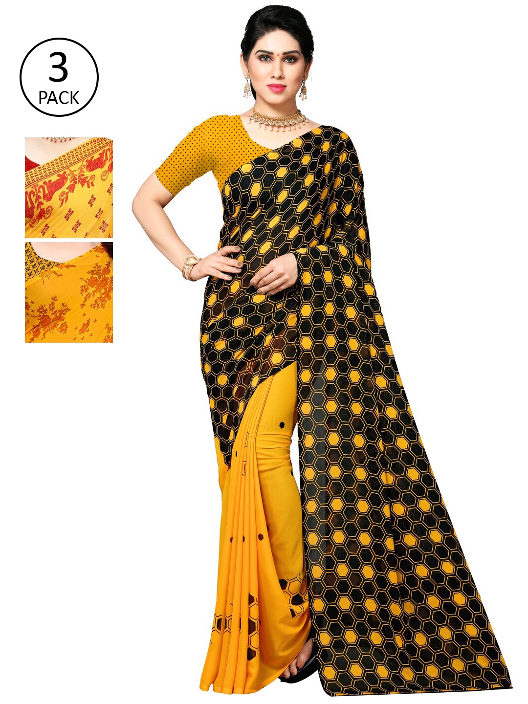 KALINI Pack Of 3 Yellow & Black Saree