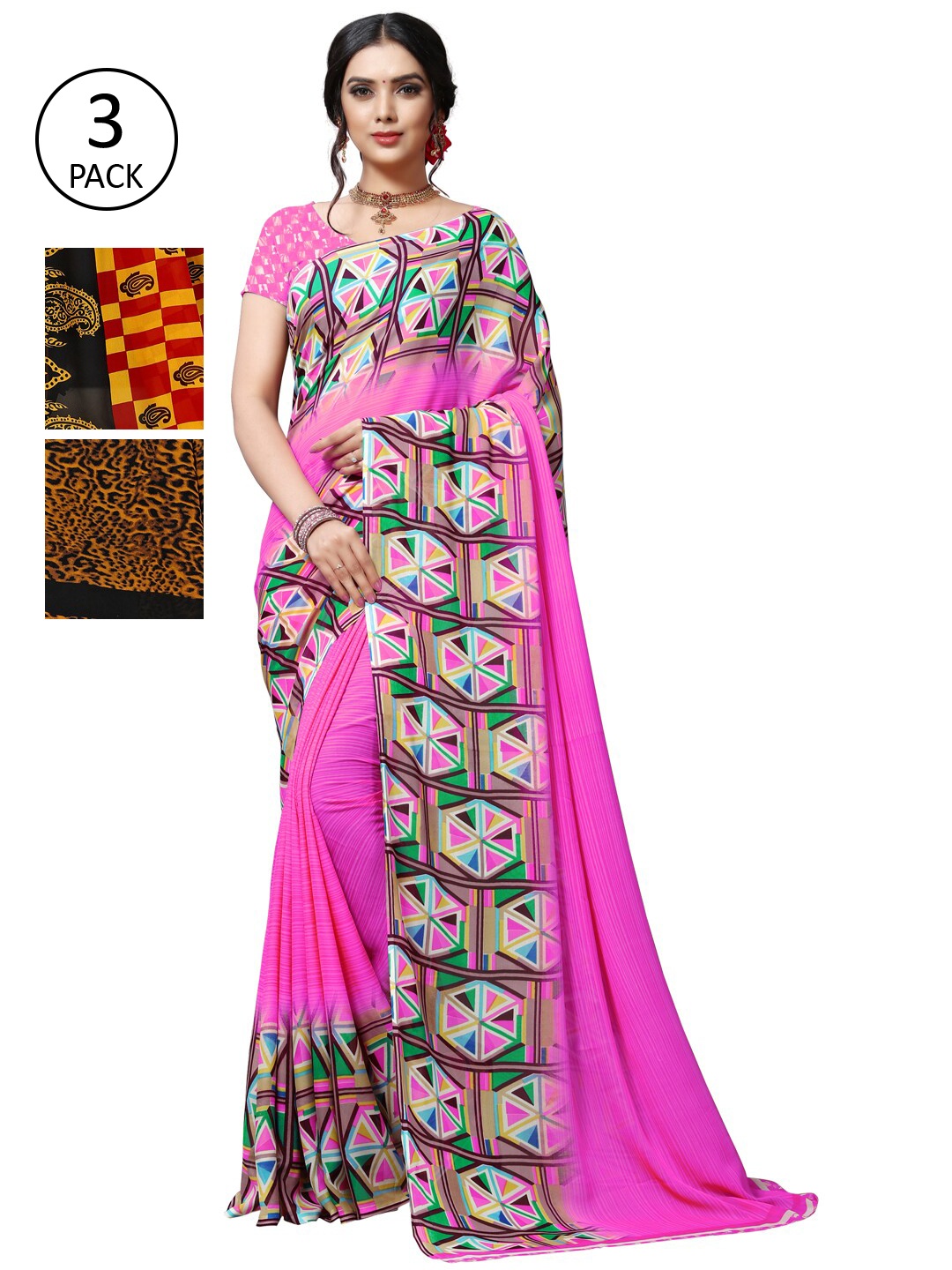 KALINI Pack Of 3 Poly Georgette Printed Sarees, Pink