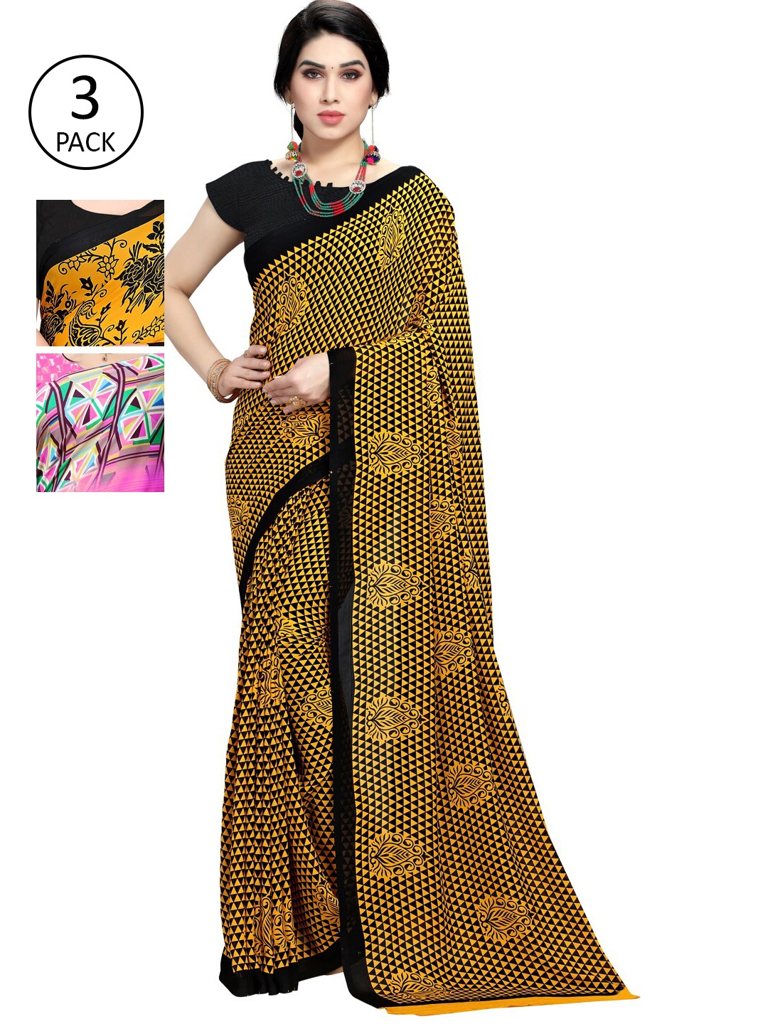 KALINI Women Pack of 3 Poly Georgette Sarees, Yellow