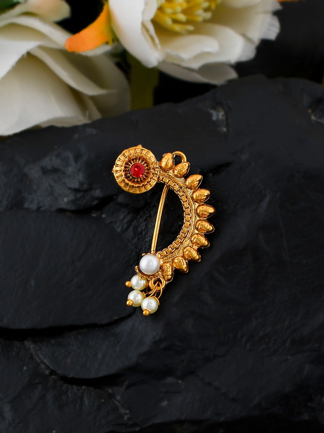 Silvermerc Designs Gold-Plated Red & White Stone-Studded Marathi Spiked Nosepin