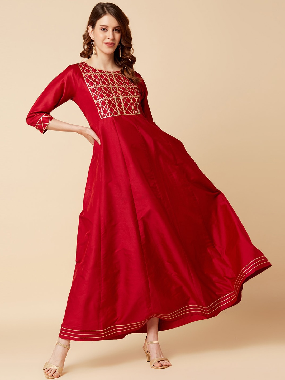 Varanga Women Maroon Geometric Yoke Design Gotta Patti Anarkali Kurta