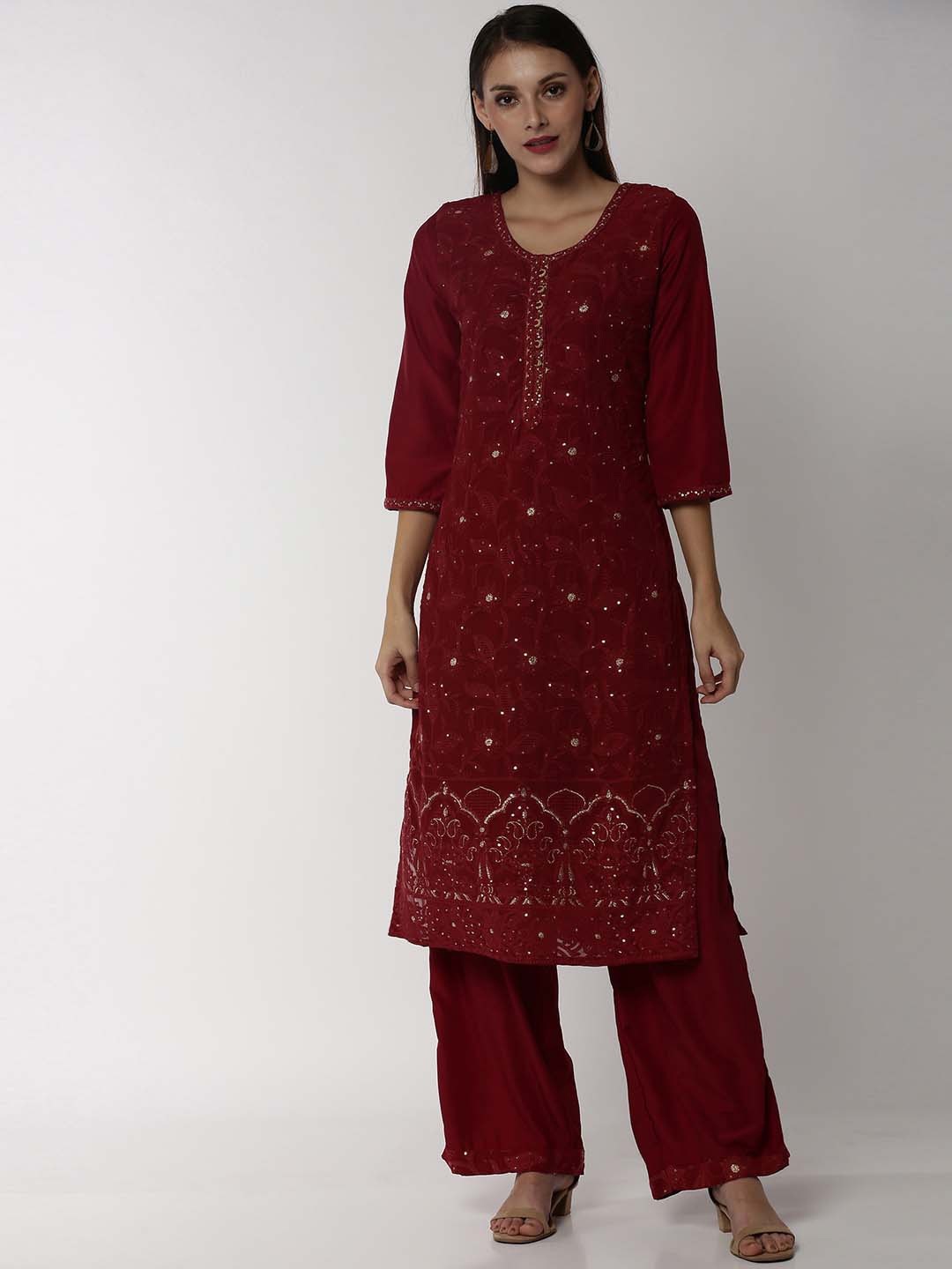 Soch Women Maroon Floral Embroidered Silk Georgette Kurta with Palazzos