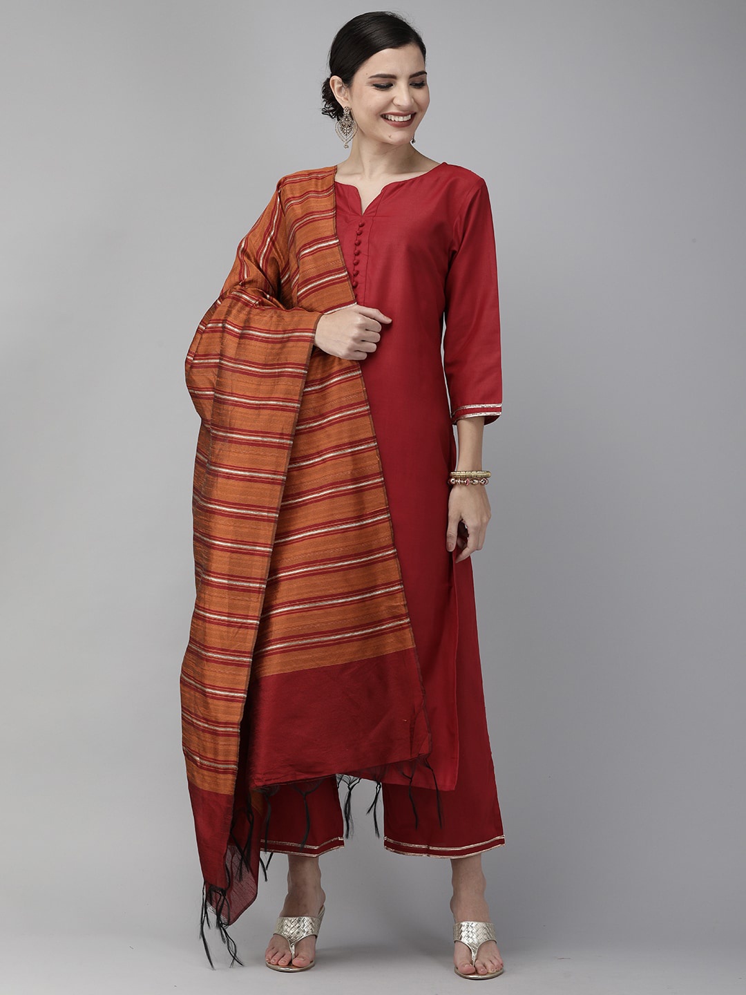 Indo Era Women Maroon Gotta Patti Kurta with Trousers & With Dupatta
