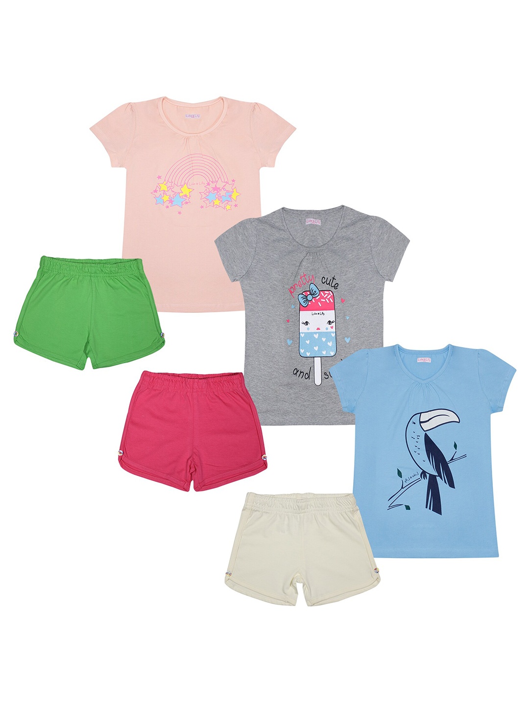 Luke & Lilly Girls Pack Of 3 Printed T-shirt with Shorts, Grey