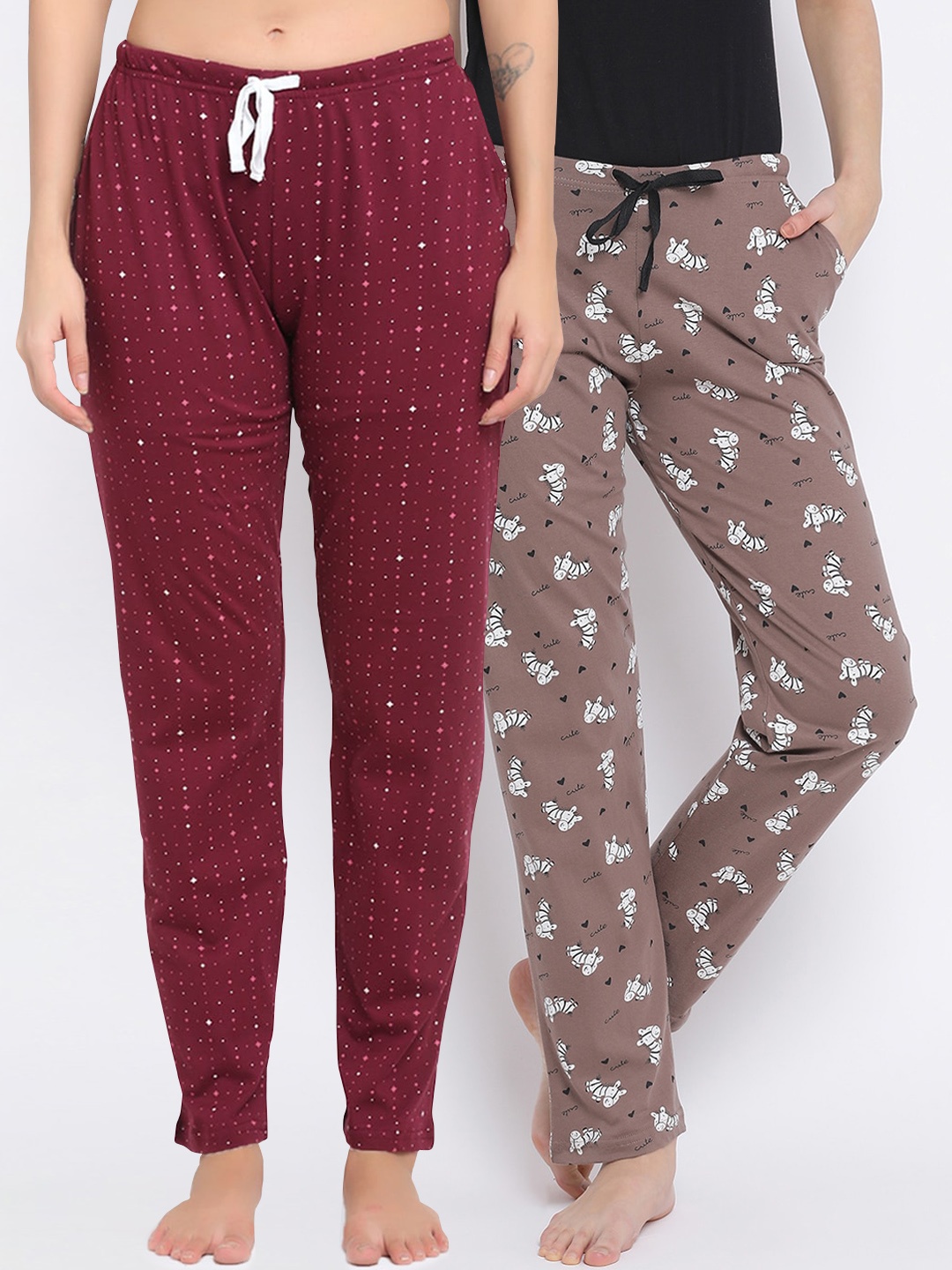 Kanvin Women Pack Of 2 Printed Pure Cotton Lounge Pants, Maroon