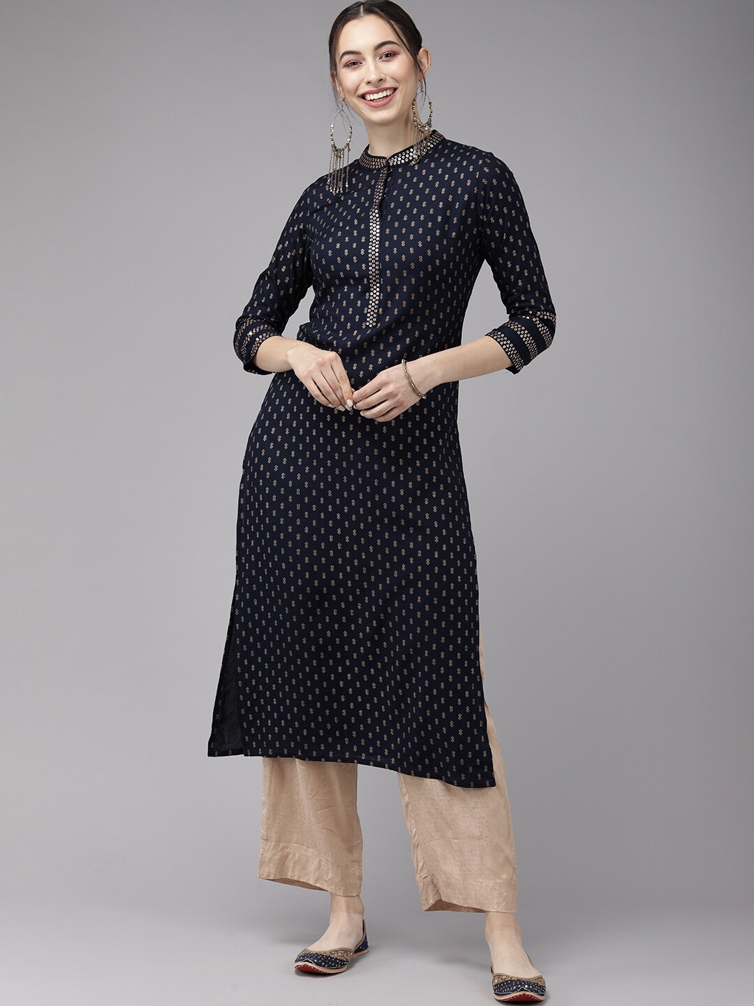Indo Era Women Navy Blue & Gold-Toned Printed Kurta