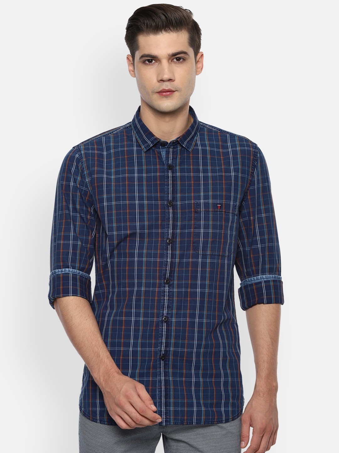 Louis Philippe Jeans Men Navy Blue Slim Fit Checked Casual Shirt