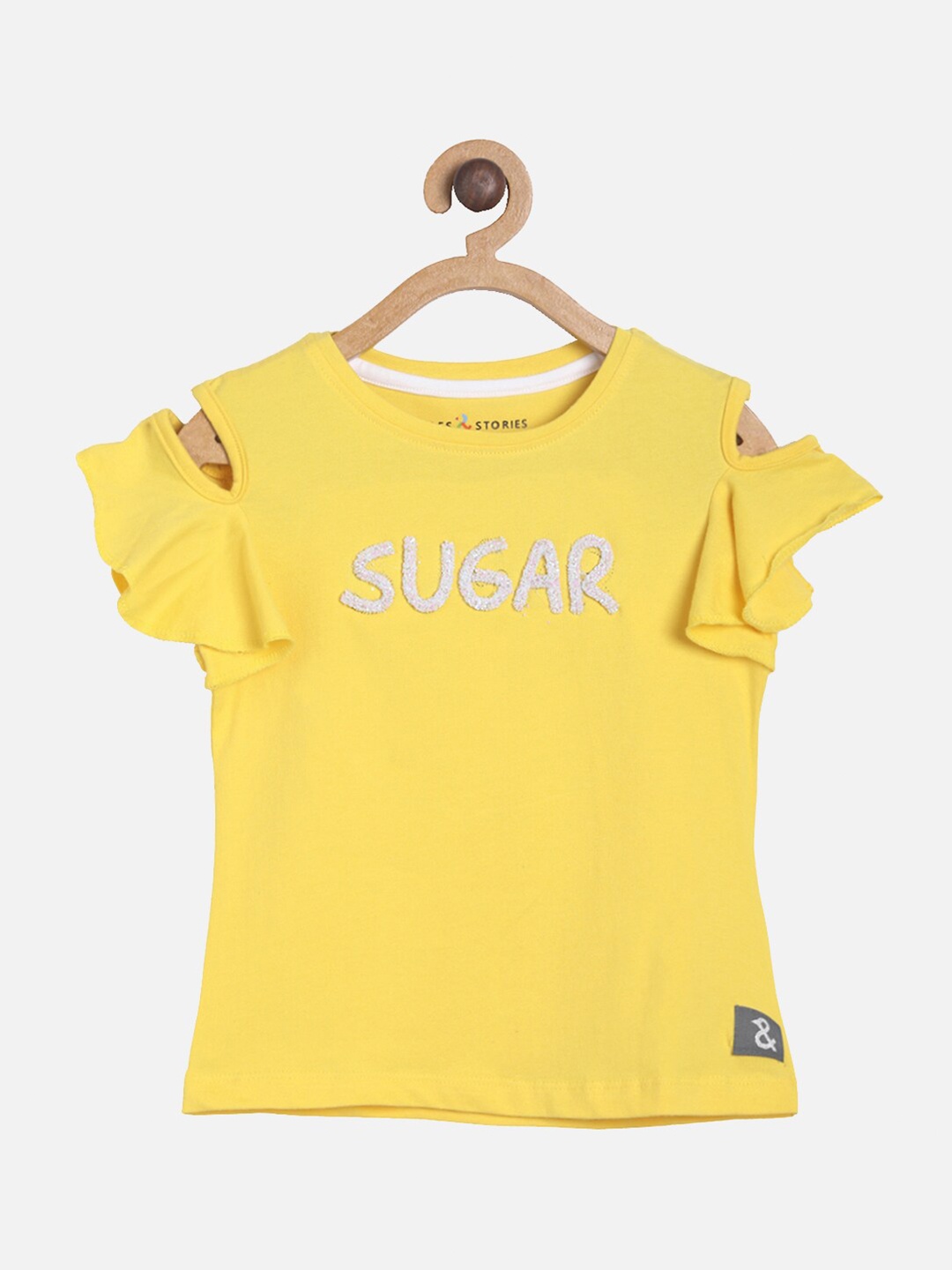 TALES & STORIES Girls Yellow Embroidered Cotton T-shirt