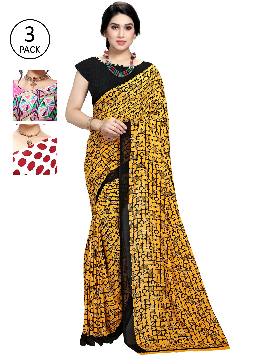 KALINI Yellow & Red Pack of 3 Printed Sarees