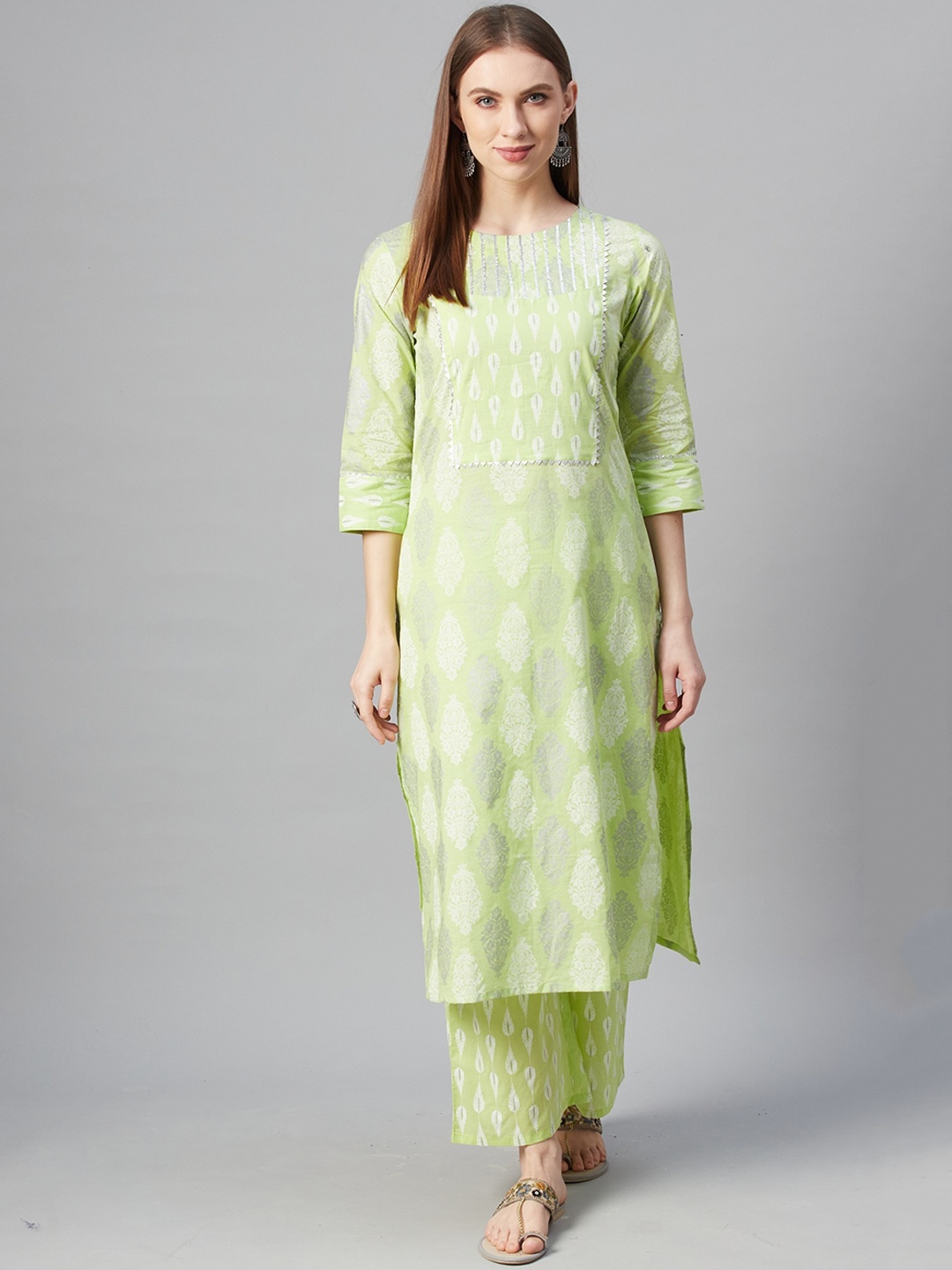 ZIYAA Women Green Ethnic Motifs Printed Pure Cotton Kurta with Palazzos