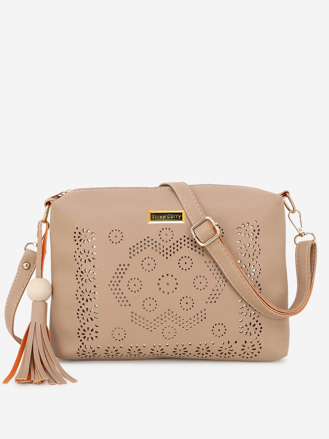 Stropcarry Beige Floral Structured Sling Bag with Cut Work